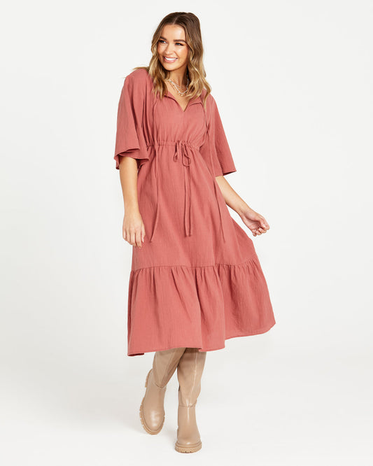 Sonya Boho Tie Waist Flutter Sleeve Midi Tiered Dress - Burnt Rose