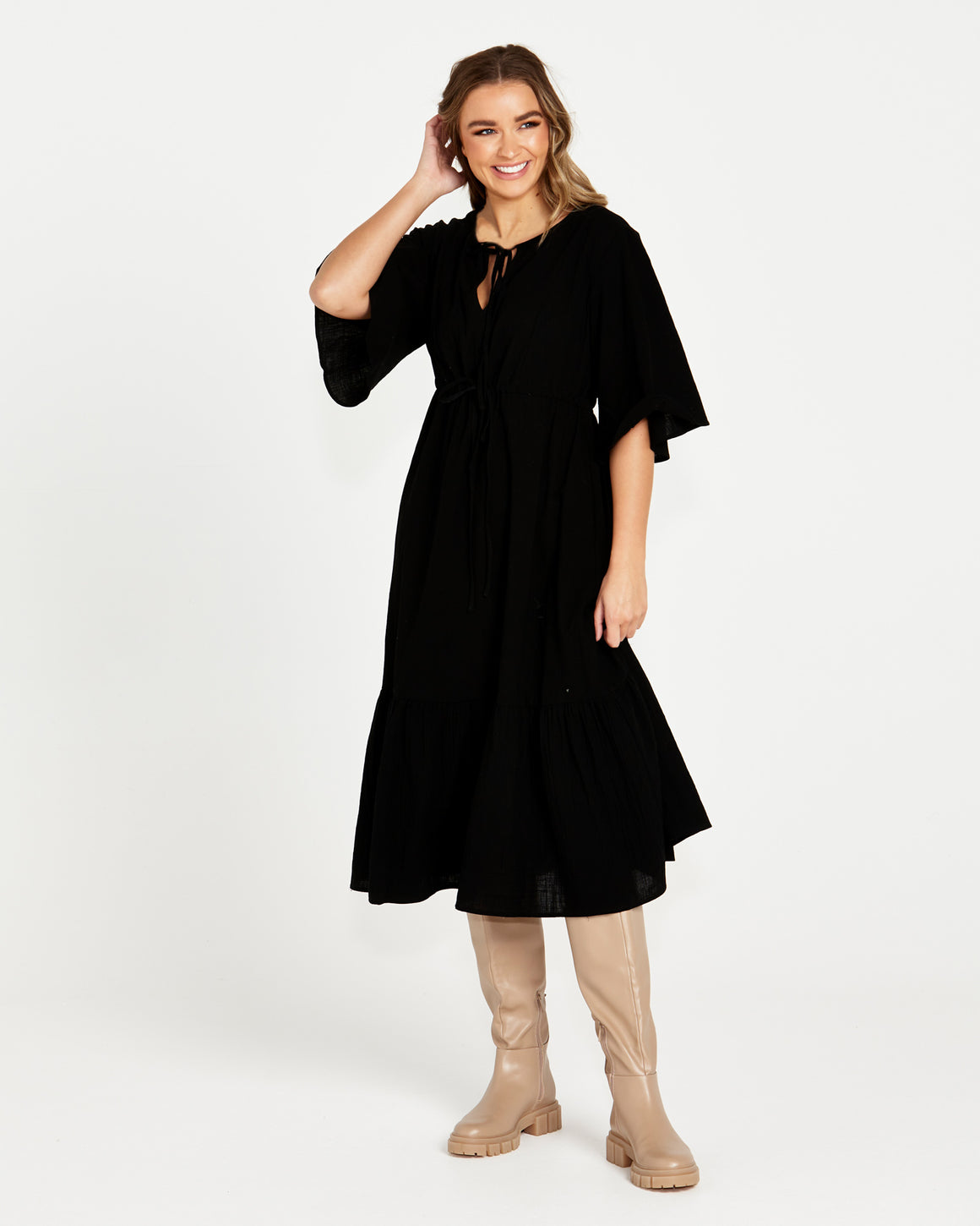 Sonya midi tiered dress black