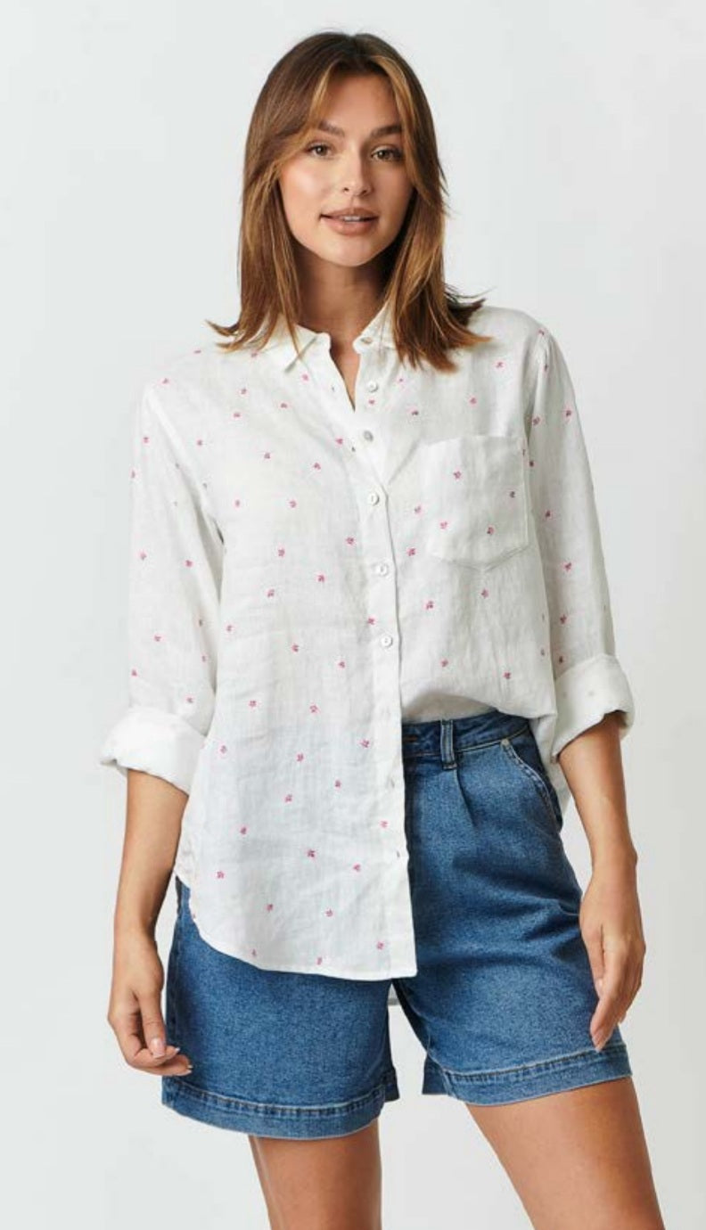 White/ pink flower linen shirt