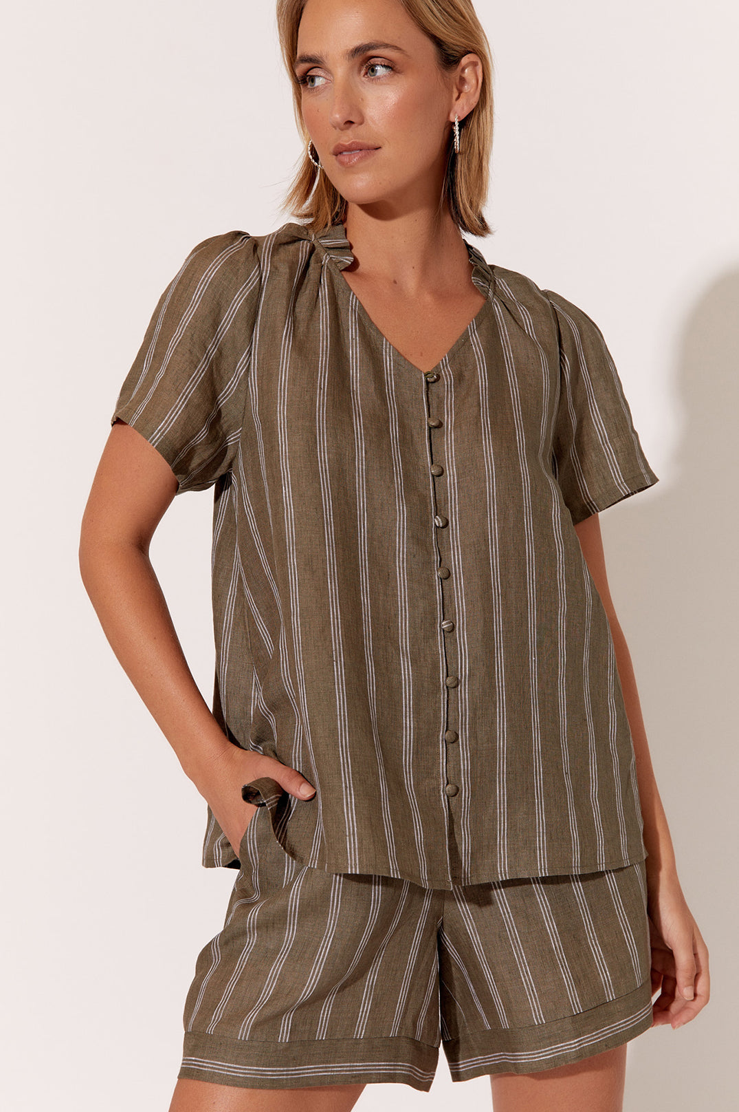 Corey stripe linen top khaki