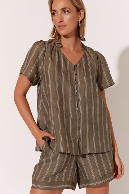 Corey stripe linen top khaki