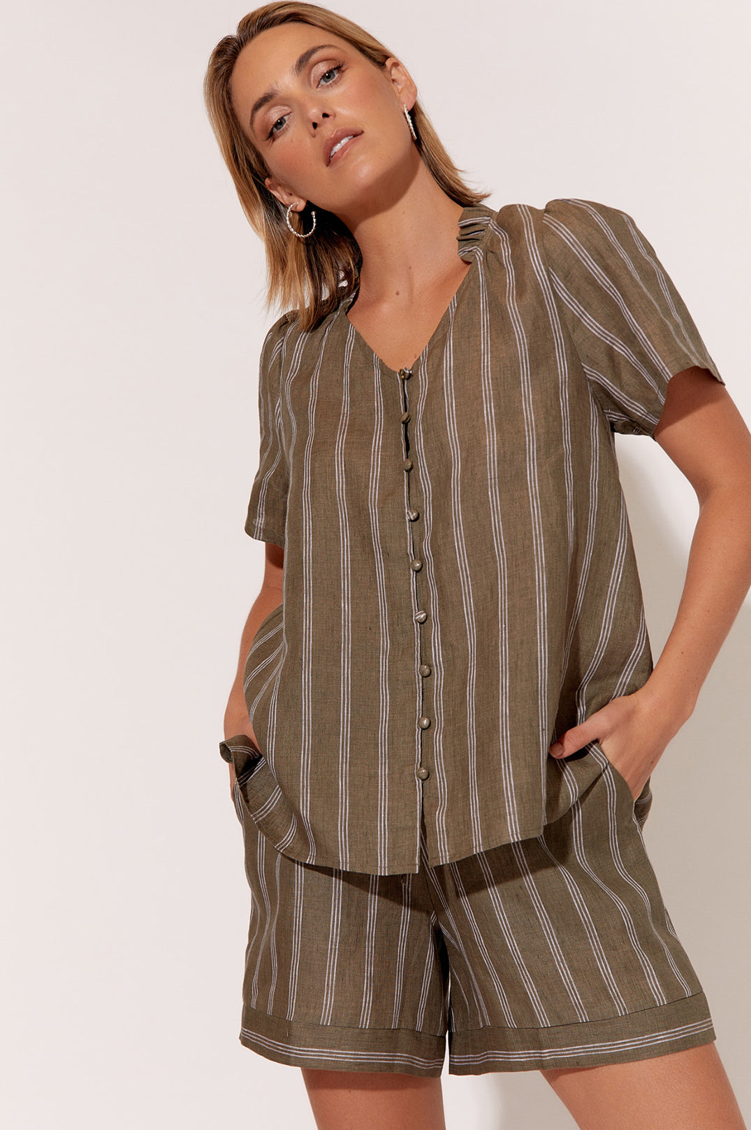 Corey stripe linen top khaki