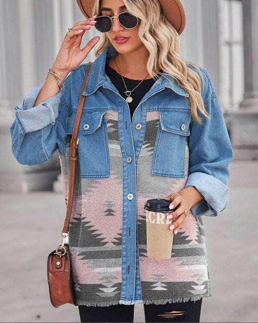 Aztec Pattern Denim Jacket dusty pink