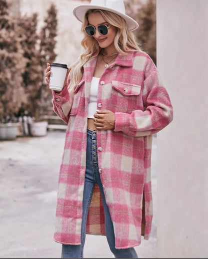 Check Pattern Longline Coat Pink