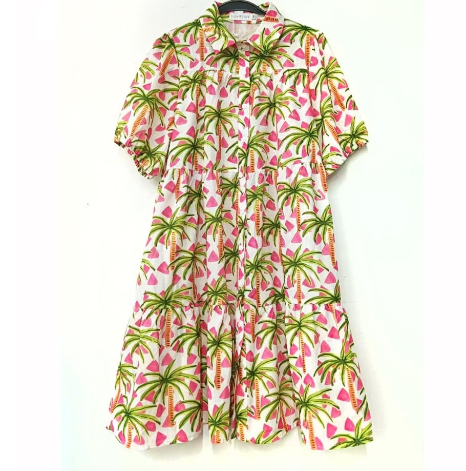 Ellie Dress Pink Palm Print